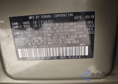 2019 Subaru Outback 2.5I Touring z USA, uszkodzony, nr VIN 4S4BSATC3K3336155